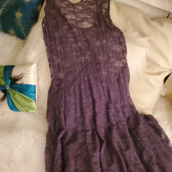 Purple Sheer Lace Victorian Tea Length Midi Dress - Picture 1 of 12